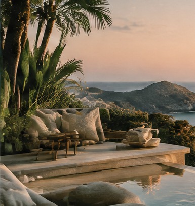 Palm trees, a quiet terrace, and an open coastal horizon